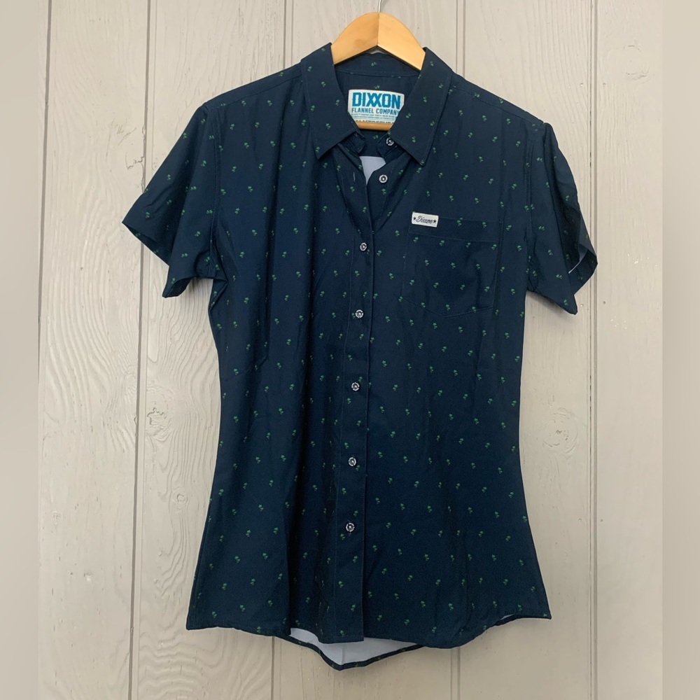 DIXXON Navy Short-Sleeve Button-Up Top with Green Palm Print